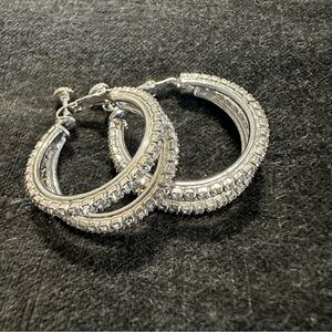 Vintage Les Bernard double row rhinestone hoop earrings